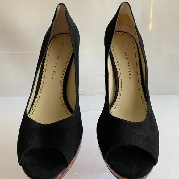 Martinez Valero Black Suede Leopard Print Platform Peep Toe Heels - Sz. 11m - Picture 3 of 7